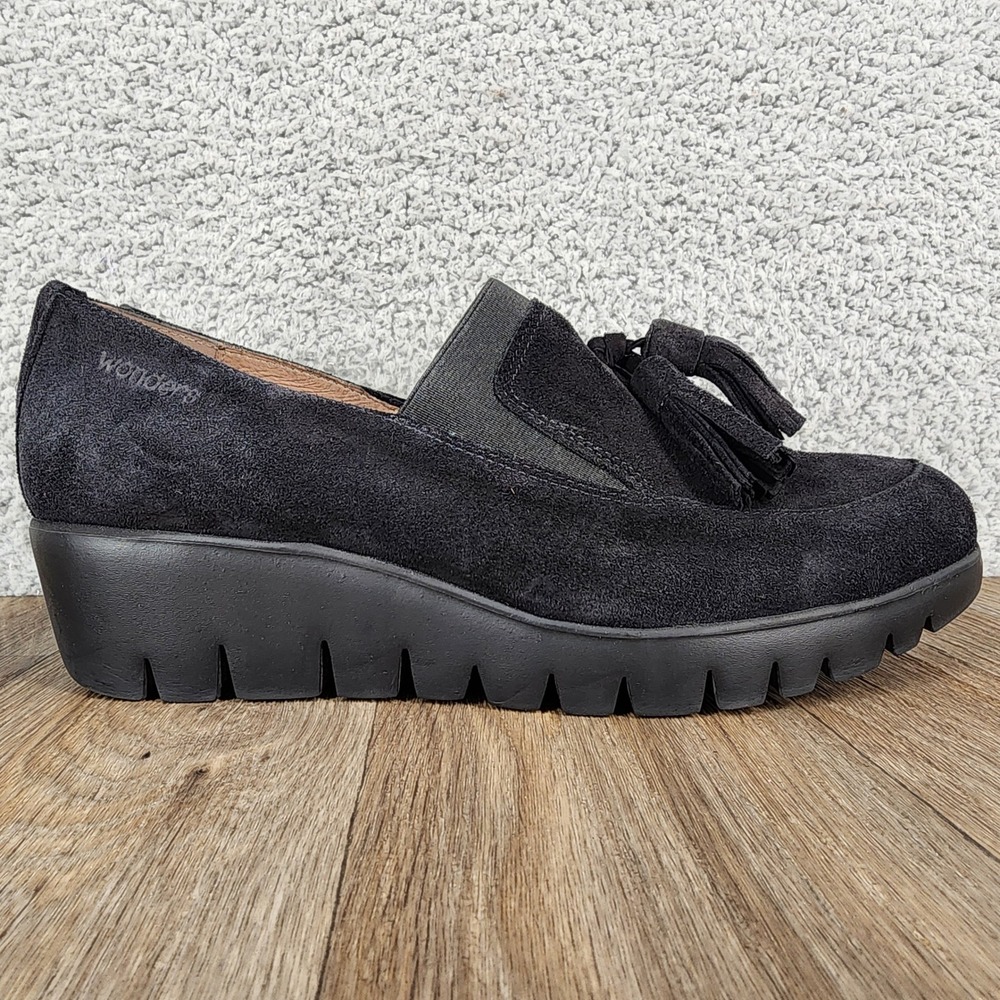 Wonders Women Black Suede Tassel Wedge Loafer Shoes Size‎ 38 EU US 7.5